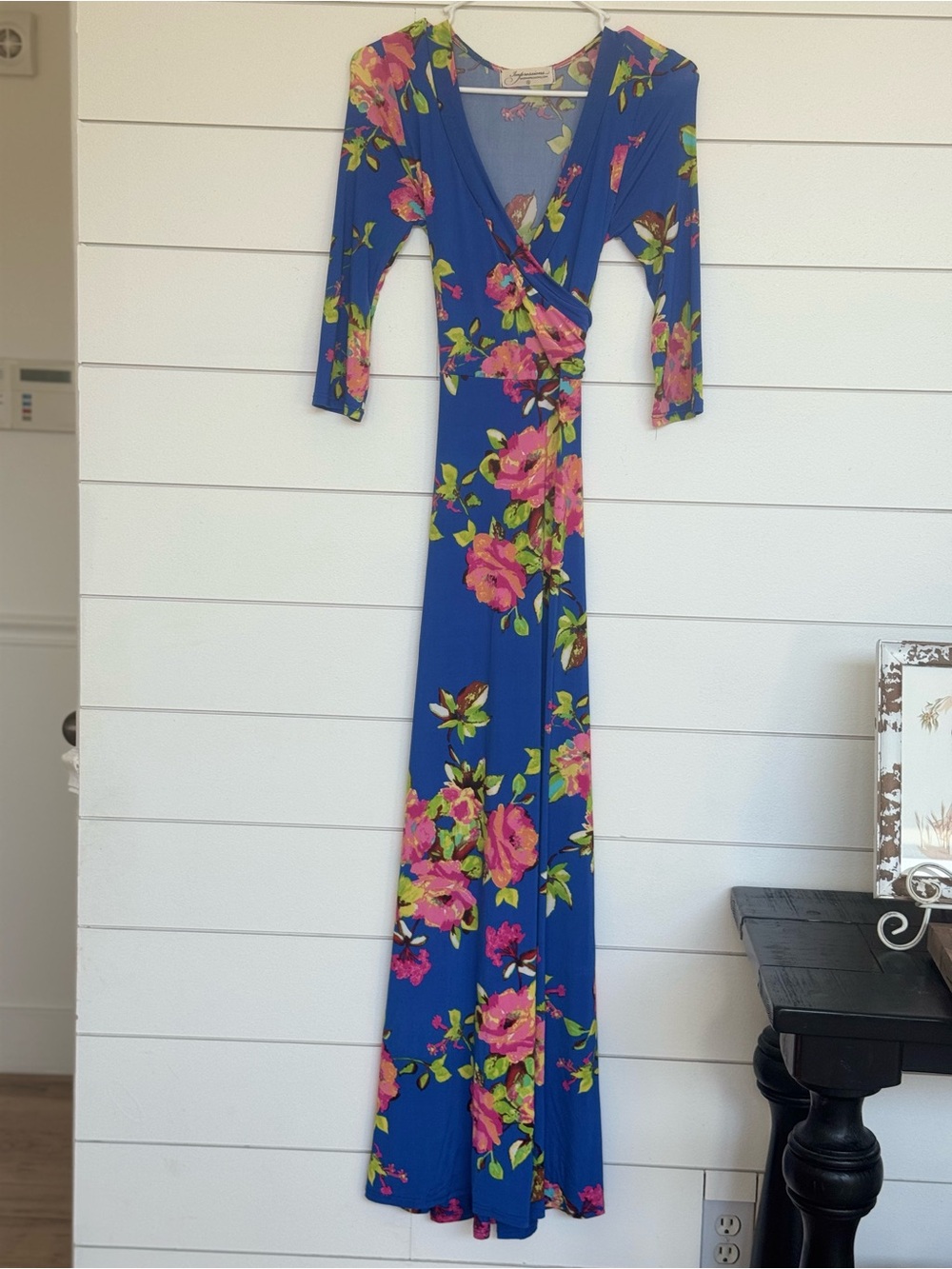 Floral Wrap Maxi Dress - Blue with Pink Floral